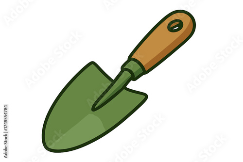 Garden trowel tool with green blade and wooden handle used for planting and digging soil