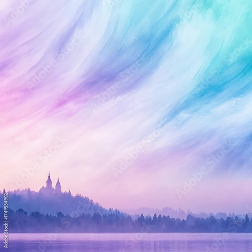 Pastel sky with wispy clouds over silhouette of castle on forested hill, reflected in calm water with dreamy light and soft atmospheric tones