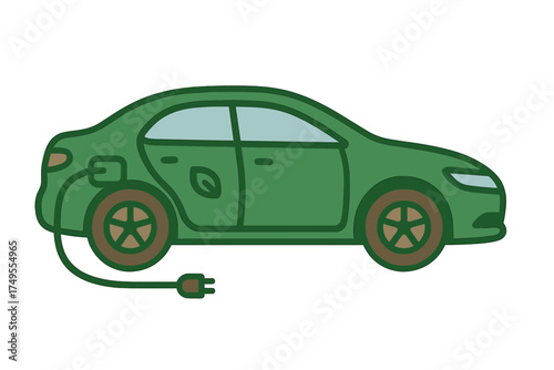 Green electric sedan car charging with a power cable on a white background