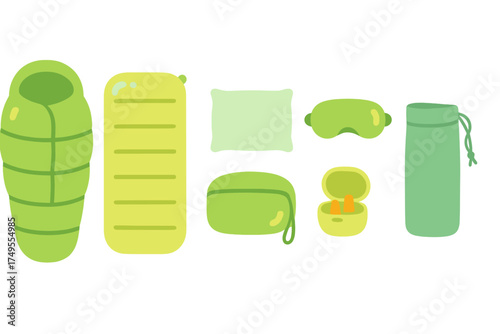 Essential outdoor camping and travel sleeping gear set including bag pad pillow eye mask and earplugs