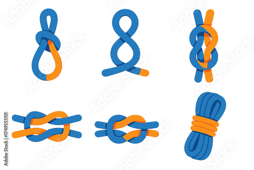 Different types of nautical and climbing knots tied with blue and orange ropes