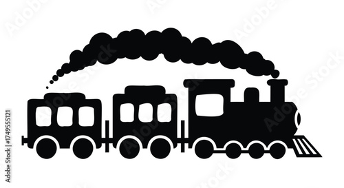 Black steam train with carriages smoke silhouette