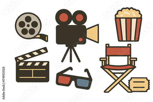 Collection of retro cinema icons including film reel, vintage camera, clapperboard, popcorn, director chair, and 3D glasses