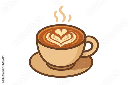 Hot cappuccino cup with heart-shaped foam art served on a saucer, isolated on white