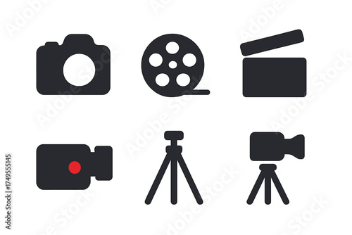 Film and photography equipment symbols including camera, film reel, clapperboard, and tripod