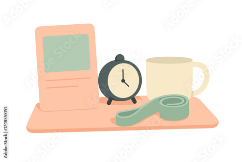 Essential objects for a productive morning routine including an alarm clock, coffee cup, and exercise band