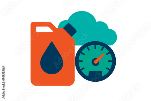 Fuel efficiency performance gauge with gas can and cloud computing symbol for energy metrics