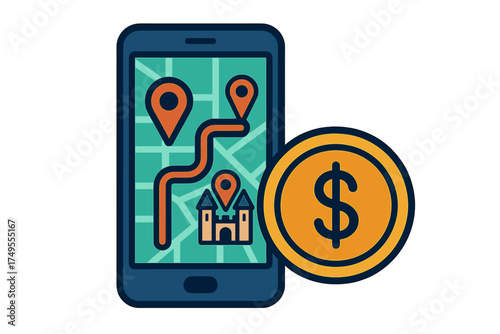 Smartphone displaying GPS navigation route and location pins next to a large dollar sign coin