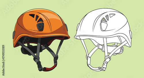 An orange climbing helmet and a sketch of a helmet.