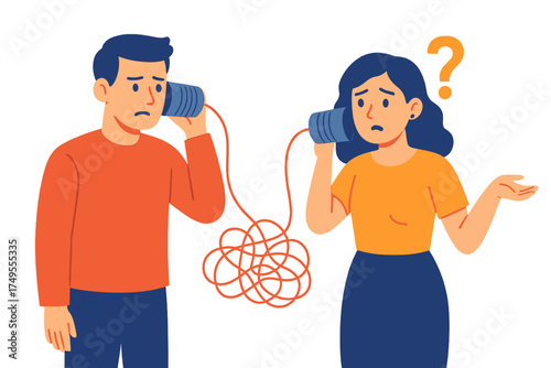 Two people experiencing communication problems using a tin can telephone with a tangled, knotted string