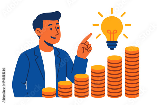 Businessman pointing at a bright idea lightbulb above a financial growth chart made of coins
