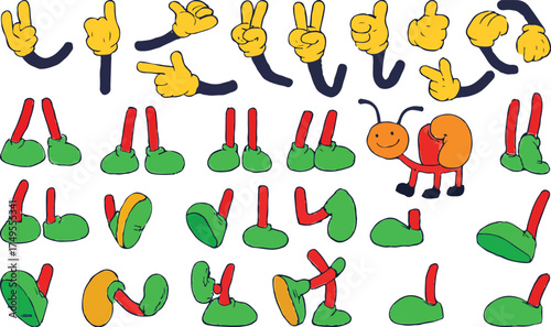 Black and Colorful Retro Cartoon Limbs – Vector Set of Gloved Hands and Booted Feet in Dynamic Mascot Poses.