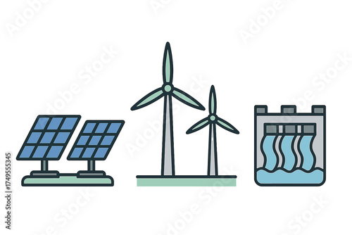 Renewable energy sources including solar panels, wind turbines, and hydroelectric power dam