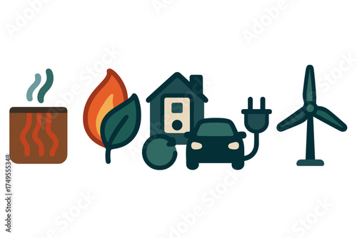 Sustainable energy and eco-friendly lifestyle concepts including geothermal, biofuel, electric car, and wind power