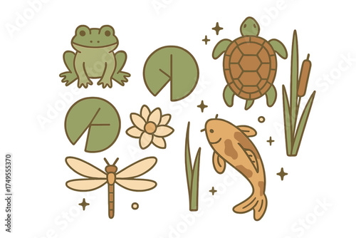 Aquatic pond life collection with frog turtle koi fish dragonfly and water plants