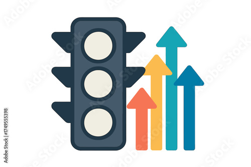 Traffic light symbol next to ascending colorful arrows representing regulated business progress