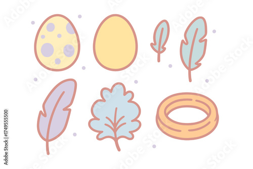 Pastel spring elements set with eggs feathers leaf and bird nest outlines