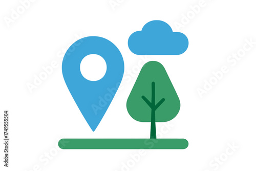 Map location pin marker icon featuring a stylized tree and cloud symbol