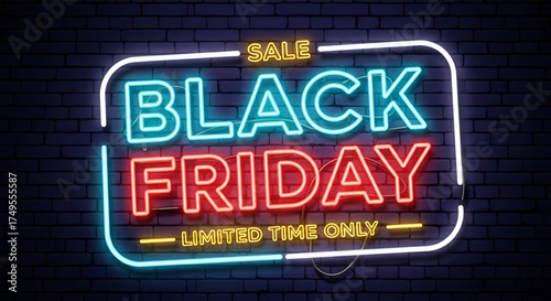 ​A vibrant and colorful neon light sign banner with a limited time only Black Friday sale text inside a glowing frame on a dark brick wall background for a commercial advertisement.
