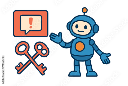 Friendly blue robot presenting security keys and important notification message bubble