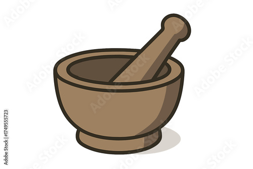 Traditional wooden mortar and pestle kitchen tool for grinding spices and herbs