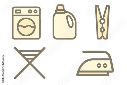 Set of essential household items for laundry and cleaning: washing machine, detergent, clothespin, drying rack, and iron