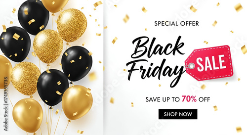 A festive and cheerful commercial advertisement with a special offer for a Black Friday sale featuring a group of floating black and golden balloons with falling confetti on a clean white background