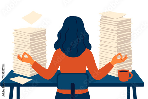 Office worker meditating at a desk surrounded by overwhelming stacks of paperwork