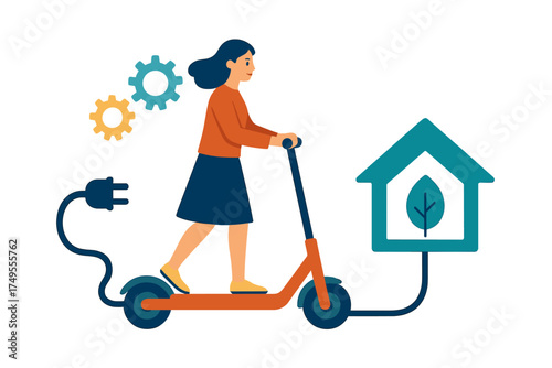 Woman using electric scooter charging station powered by sustainable green energy at home