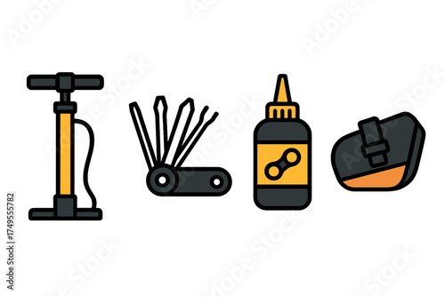 Essential bicycle repair and maintenance equipment including pump, multi-tool, chain lube, and brush