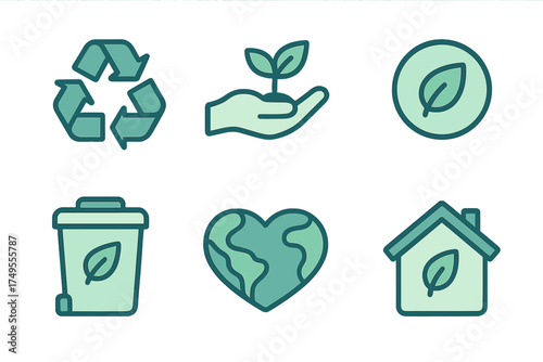 Green ecology icons set featuring recycling, planting, and earth conservation symbols