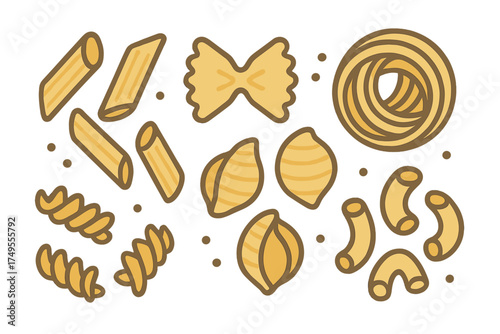 Collection of various dry Italian pasta shapes including penne farfalle and fusilli on white background