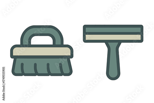 Essential household cleaning tools set featuring a scrubbing brush and a window squeegee