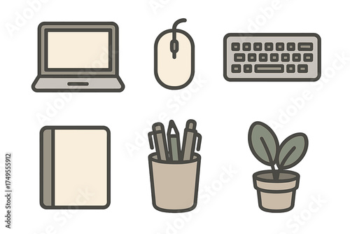 Collection of essential office supplies and technology devices including laptop mouse and keyboard