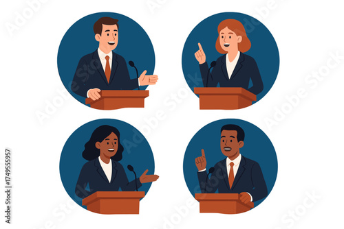 Diverse group of business professionals and politicians speaking at a podium with microphones