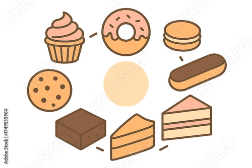 Sweet dessert icons arranged in a circular pattern including cake slices, donut, cupcake, and cookie