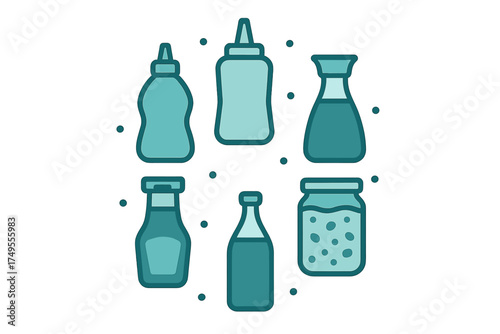 Set of kitchen condiments and sauces in various bottles and jars used for cooking and dining