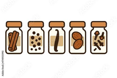 Collection of common baking spices and seasonings in labeled glass jars: cinnamon, vanilla, nutmeg, and cloves