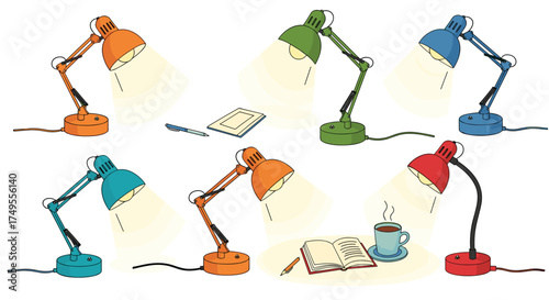 Desk lamps illuminating study materials and coffee.