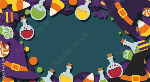 Colorful Halloween border with cartoon witch hats, magic potions, and candy on a dark background.