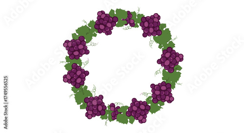 A circular arrangement of purple grapes and green leaves.