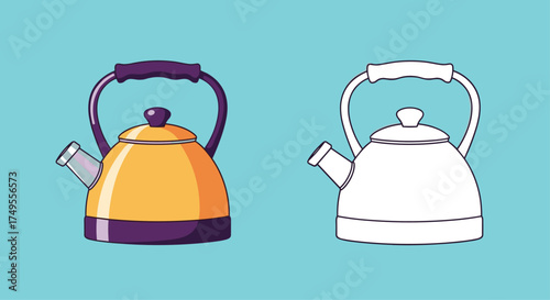 An illustrated comparison of a colorful kettle and a line art kettle.
