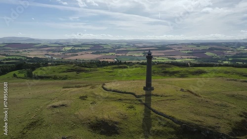 Waterloo Monument over Scottish fields and farms from a drone, Jedburgh, Scotland, UK