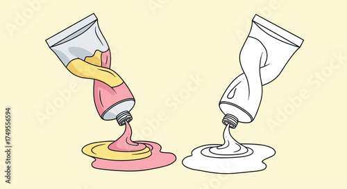 Two tubes of paint are squeezing out their colors onto a flat surface.