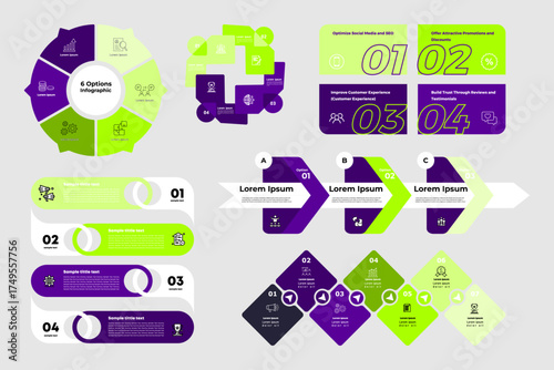 Modern infographic template set with easy-to-use business flow charts for poster, web, annual, or corporate business presentation design. Vector EPS