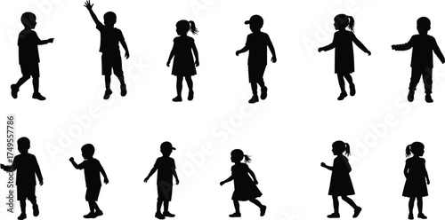 Children silhouette collection, boys and girls walking and playing vector illustration, childhood concept design, black and white kid activity pose art