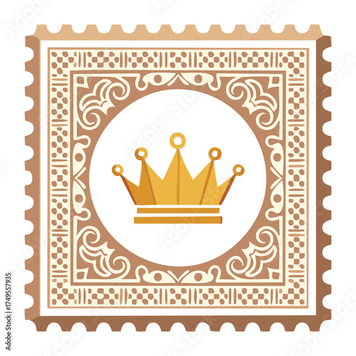 Illustration of a royal gold crown emblem design element within an ornate square frame on a collectible postage stamp