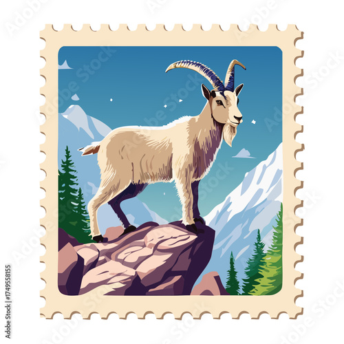 Illustration of a majestic wild goat ibex standing proudly on a snowy mountain cliff face with clear blue sky