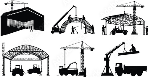 Construction workers assembling steel structure with cranes and heavy machinery, industrial building framework installation, teamwork and engineering at modern construction site