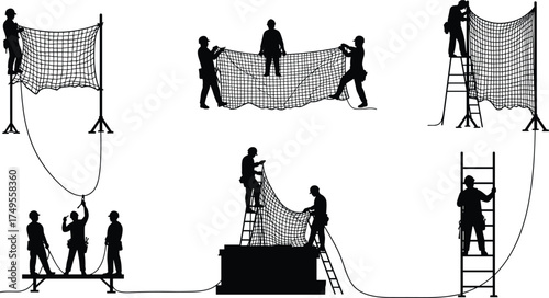 Construction workers installing safety nets on building site, teamwork and safety equipment setup for fall protection in industrial construction environment